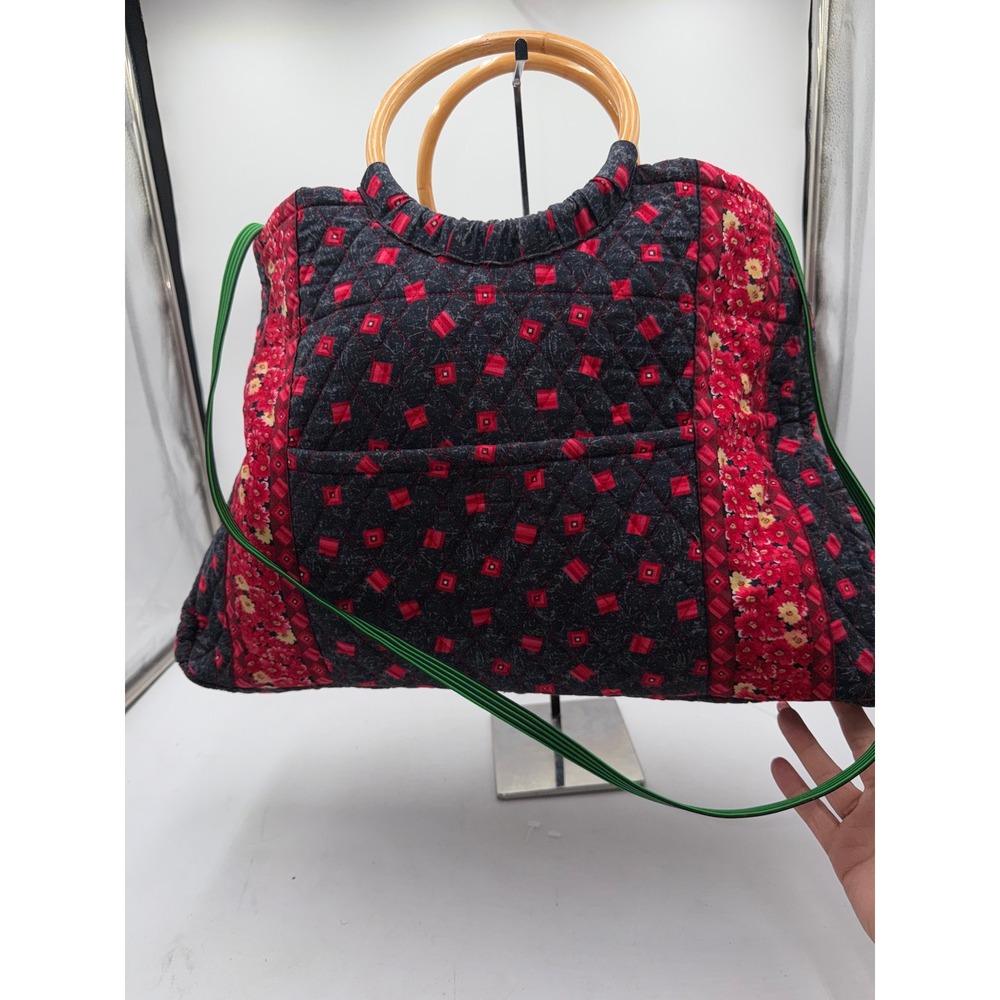 Elizabeth Austen NY Quilted Patchwork Tote Bag Wood Handles Red Floral Geometric